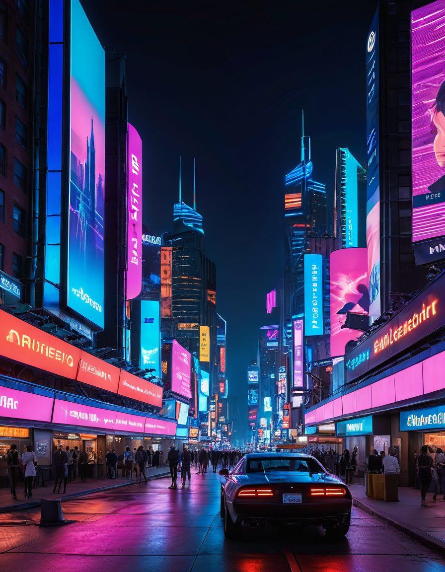 A futuristic city skyline at dusk, with neon lights reflecting on sleek digital billboards showcasing erotic media. Include a glowing DPTuner logo prominently displayed. Add diverse individuals engaging with various digital devices, illustrating a connection to technology and eroticism. Incorporate elements of art and virtual reality to emphasize creativity and innovation. cyberpunk. vibrant colors. high detail.