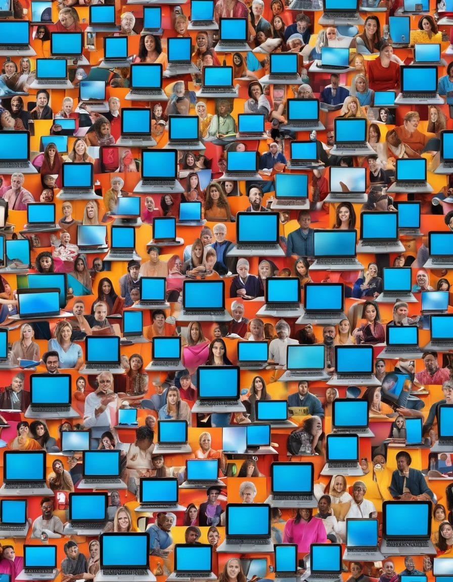 A dynamic collage showcasing a diverse group of people interacting with various online platforms for mature content on their devices, including laptops and smartphones. The background features symbols of digital media like video play buttons, streaming icons, and social media logos in a vibrant, abstract style. Highlight the generational diversity and inclusion, illustrating the evolution of content consumption in modern society. super-realistic. vibrant colors. digital collage.